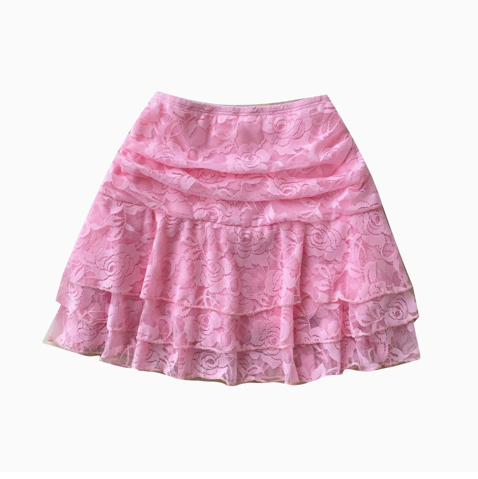 Chic Ruffled Lace Pink Skirt
