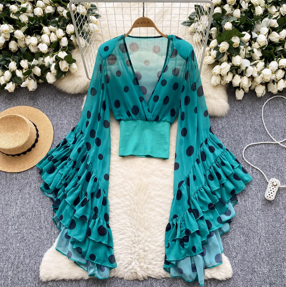 Deep V-neck Polka Dot Chiffon Top