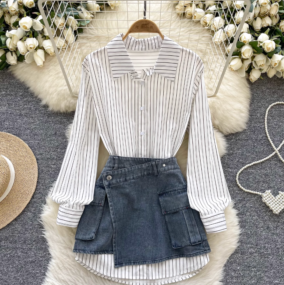 Striped Shirt Dress& Denim Skirt 2Pcs