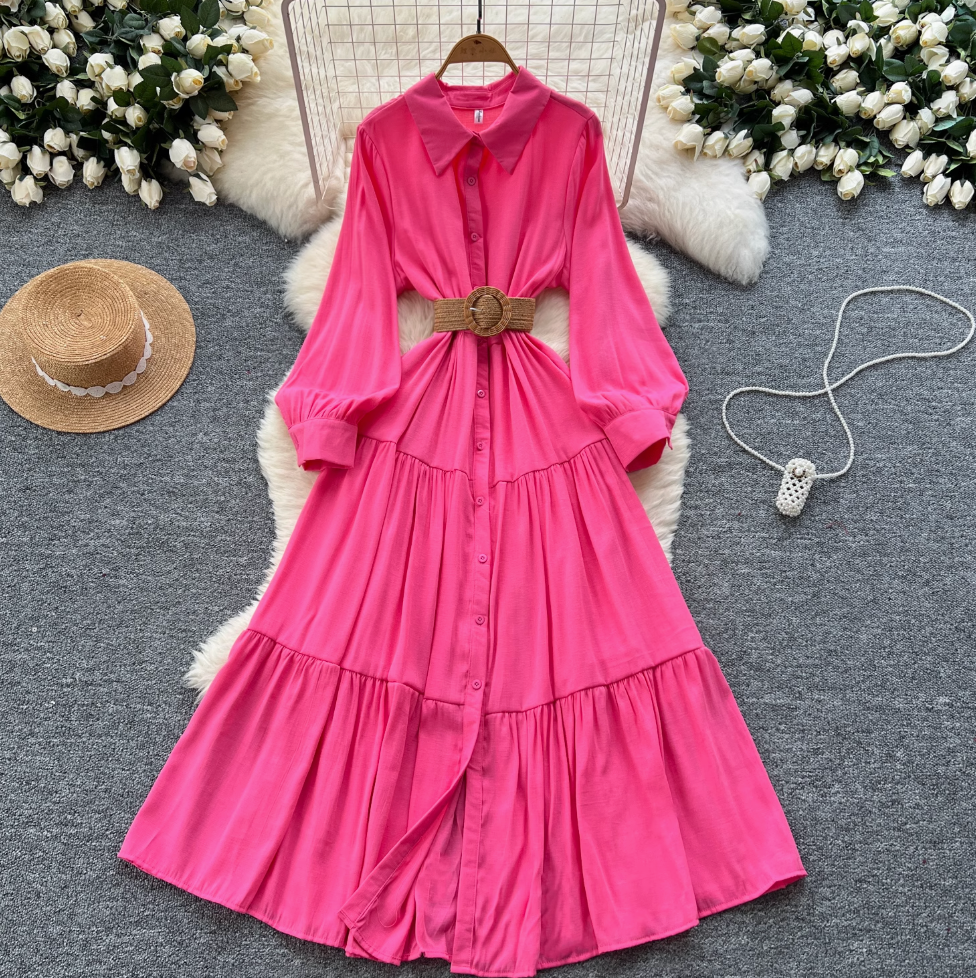 Vintage Ruffled Shirt Dress with Belt