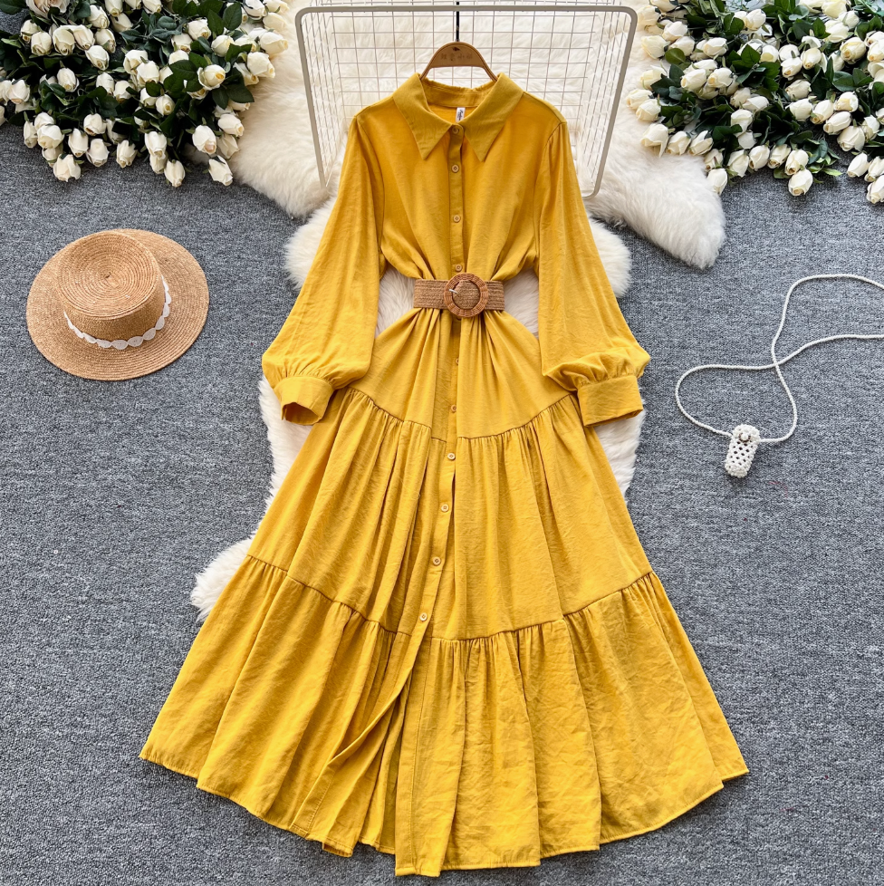 Vintage Ruffled Shirt Dress with Belt