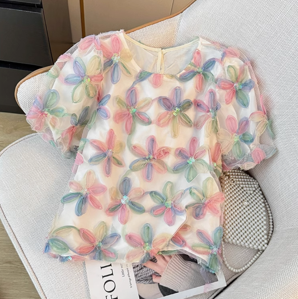 Niche Shiny Sequined Colorful Floral Top