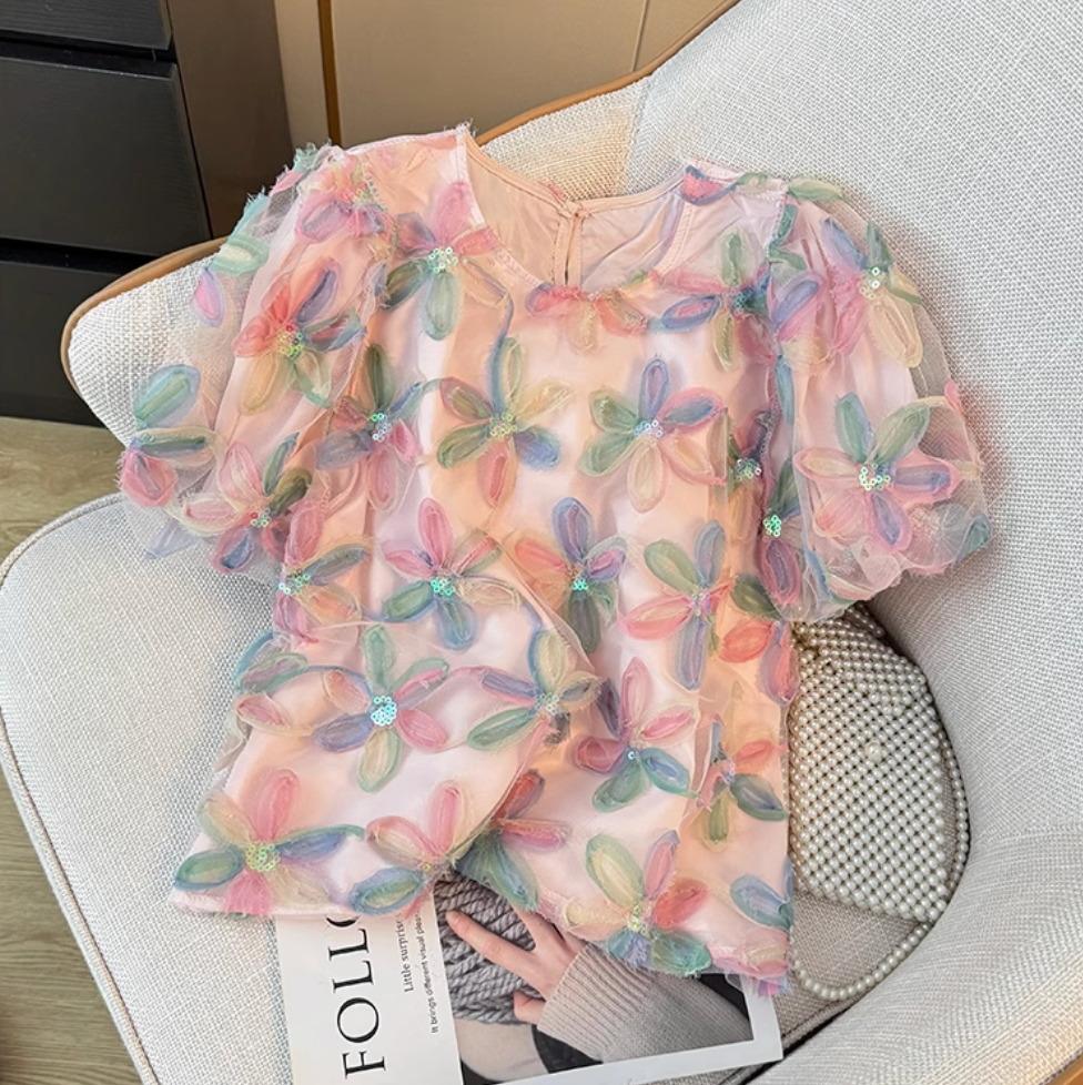 Niche Shiny Sequined Colorful Floral Top
