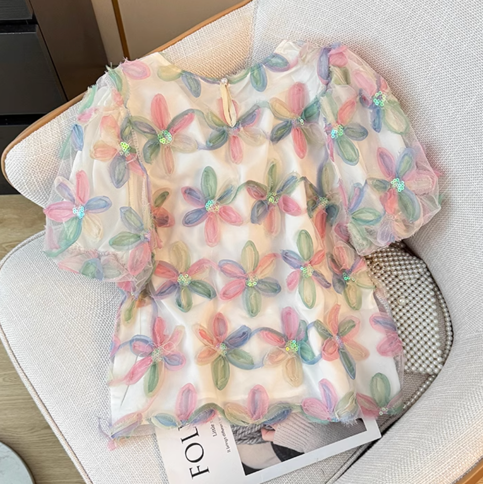 Niche Shiny Sequined Colorful Floral Top