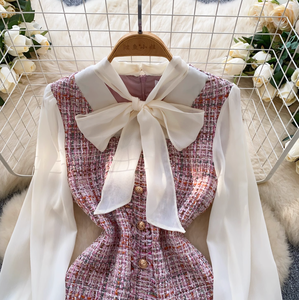 Elegant Bow-tie Mesh Tweed Dress