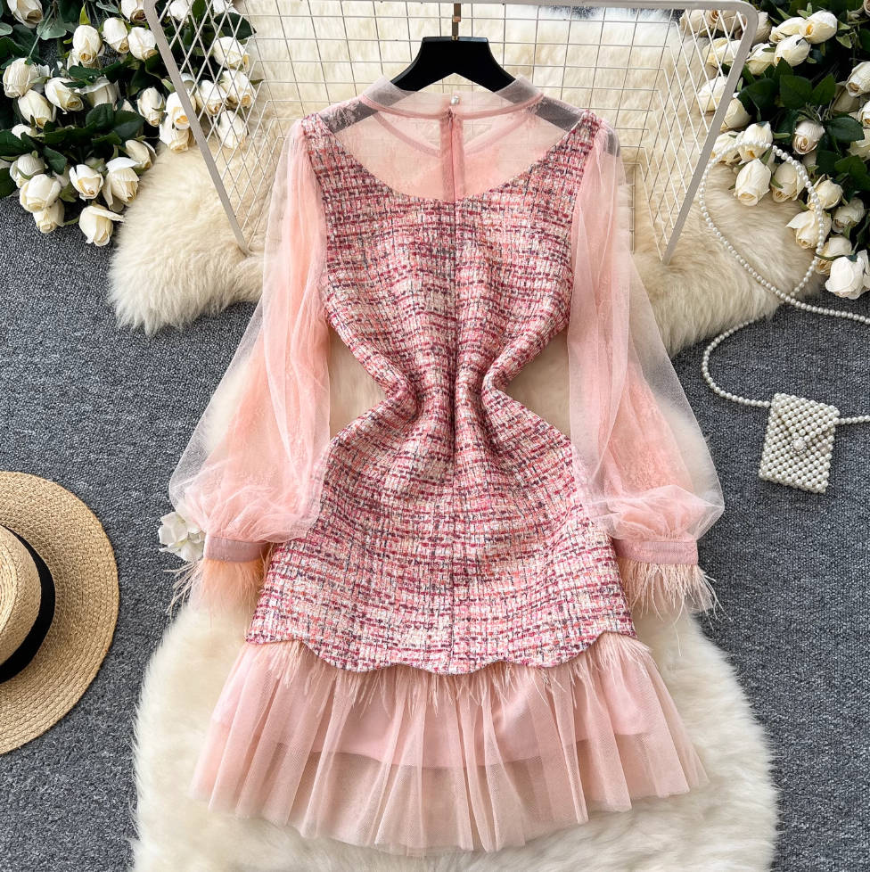 Vintage Bow-tie Mesh Sleeve Tweed Dress