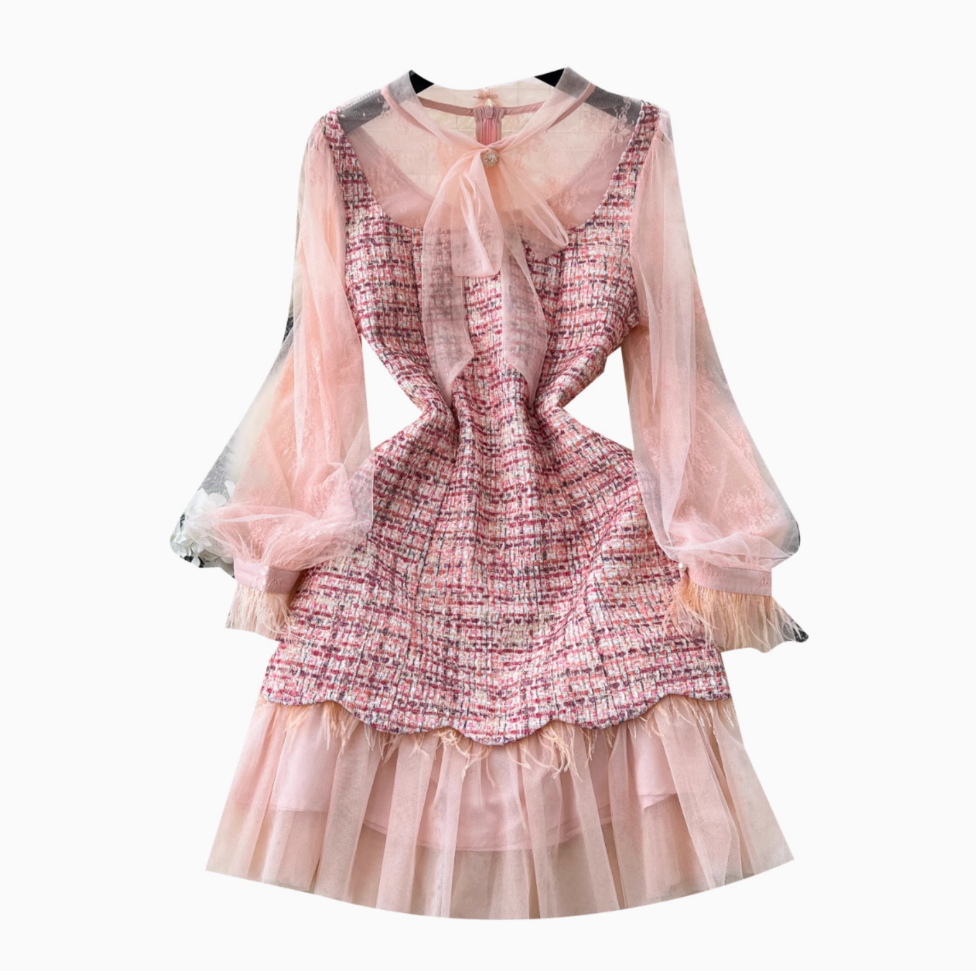 Vintage Bow-tie Mesh Sleeve Tweed Dress