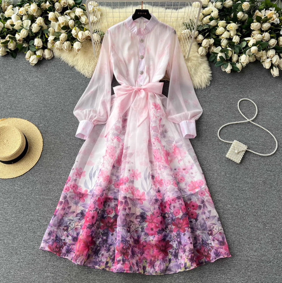 Vintage Stand Collar Floral Shirt Dress