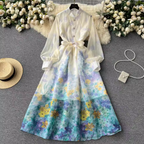 Vintage Stand Collar Floral Shirt Dress