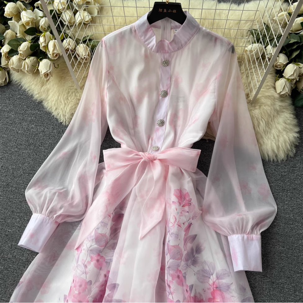 Vintage Stand Collar Floral Shirt Dress