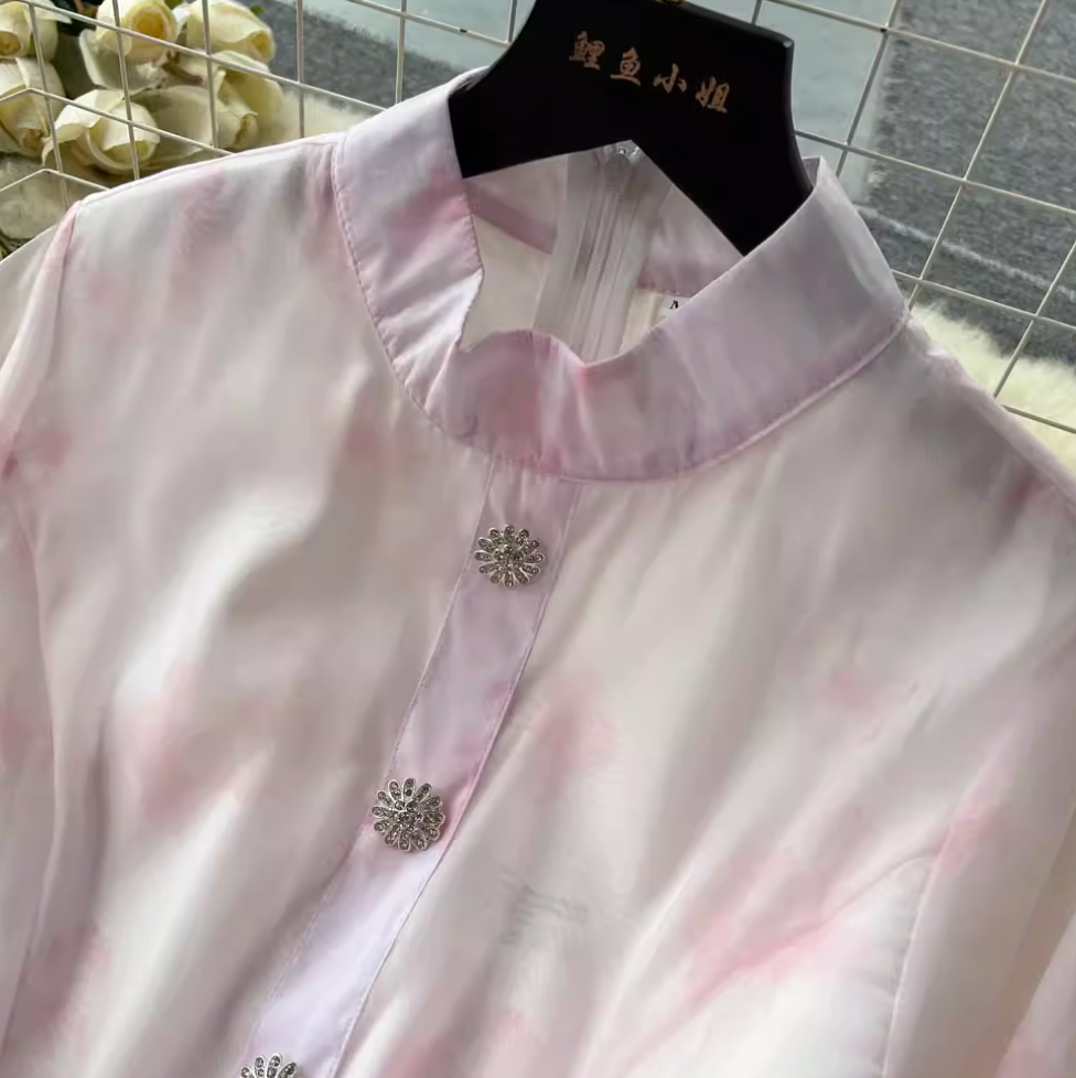 Vintage Stand Collar Floral Shirt Dress