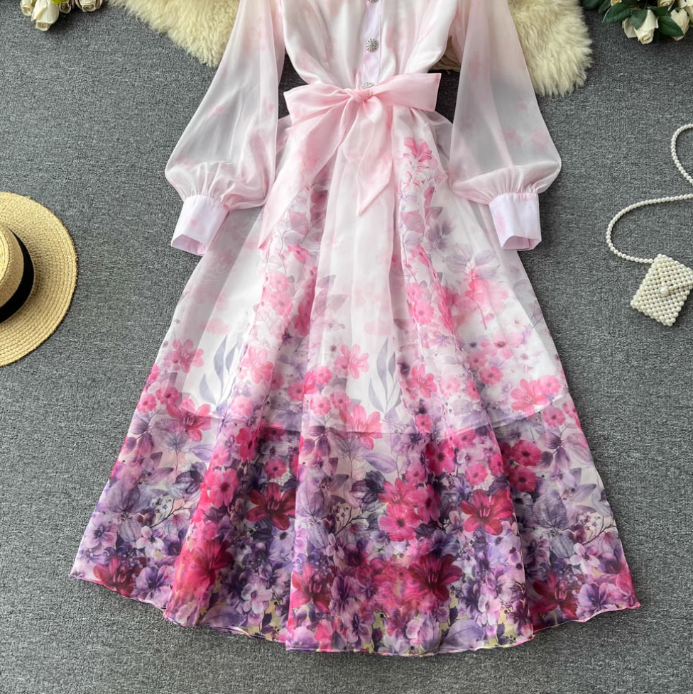 Vintage Stand Collar Floral Shirt Dress