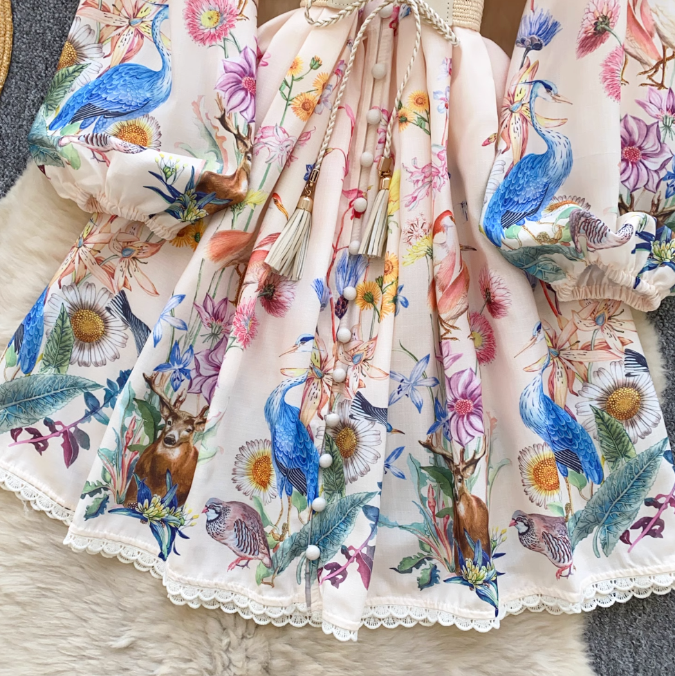 Vintage V-neck Lace Trim Floral Dress
