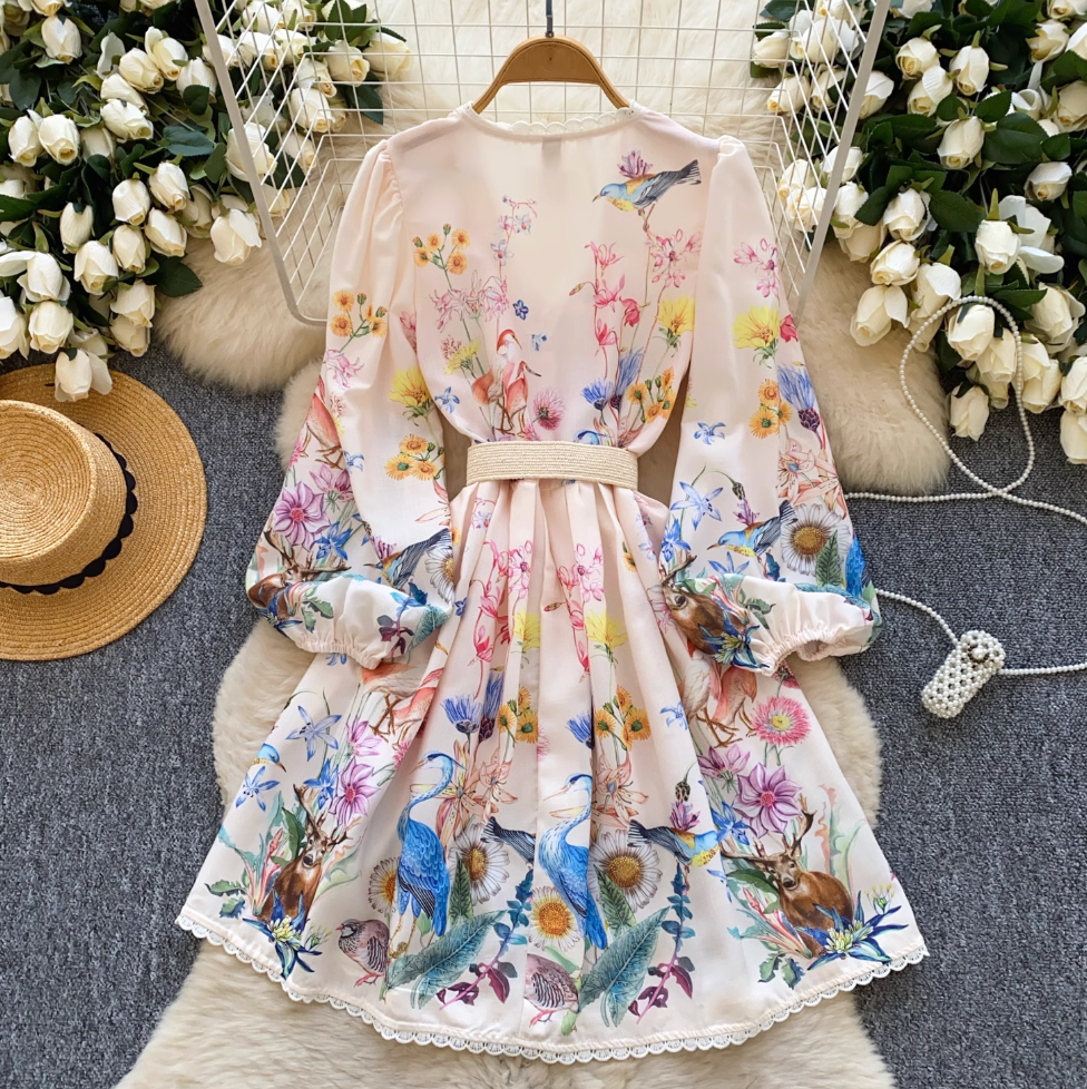 Vintage V-neck Lace Trim Floral Dress