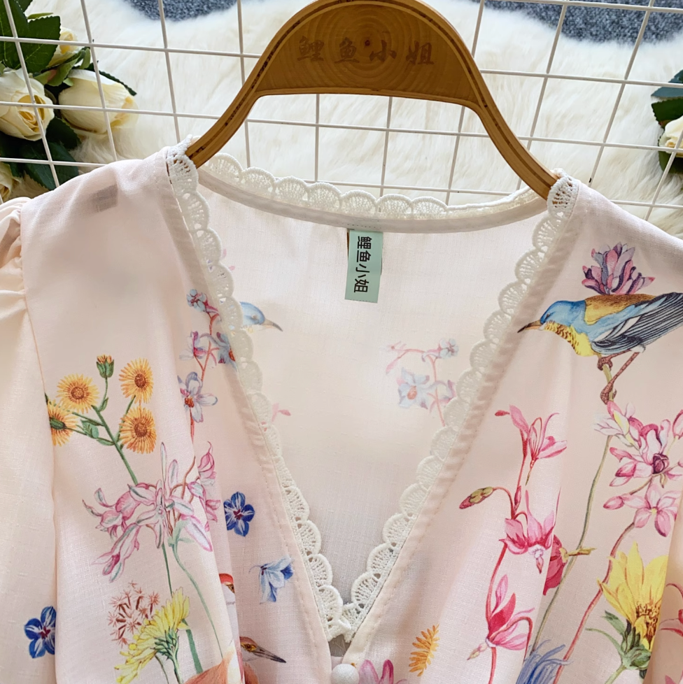 Vintage V-neck Lace Trim Floral Dress