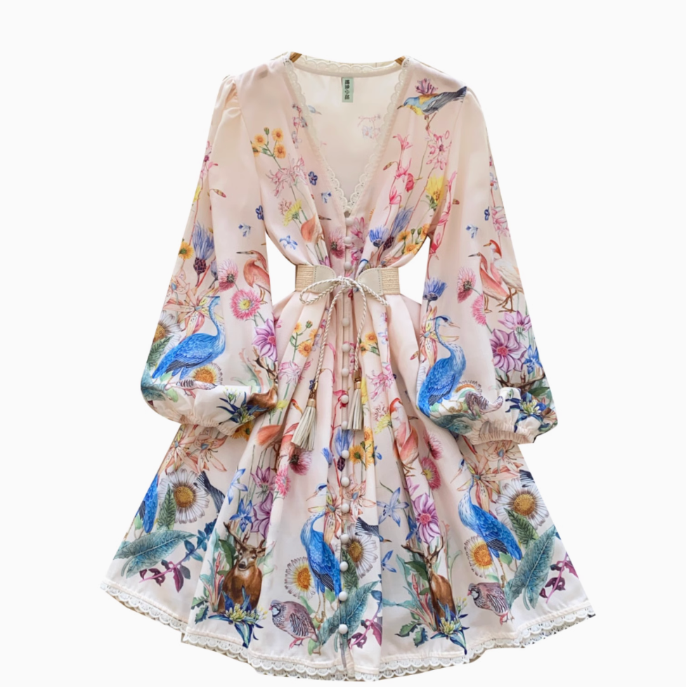 Vintage V-neck Lace Trim Floral Dress