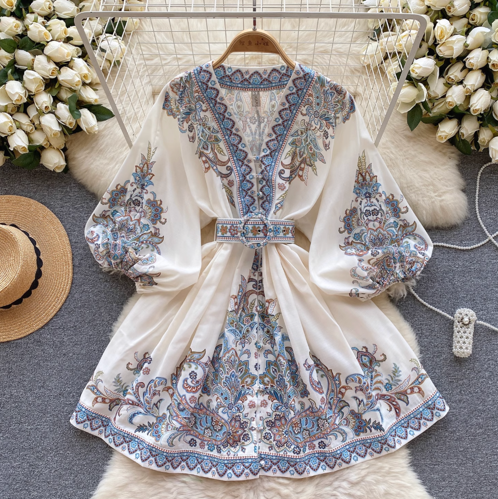 Courtly Puffy Sleeve Floral Printed Dress