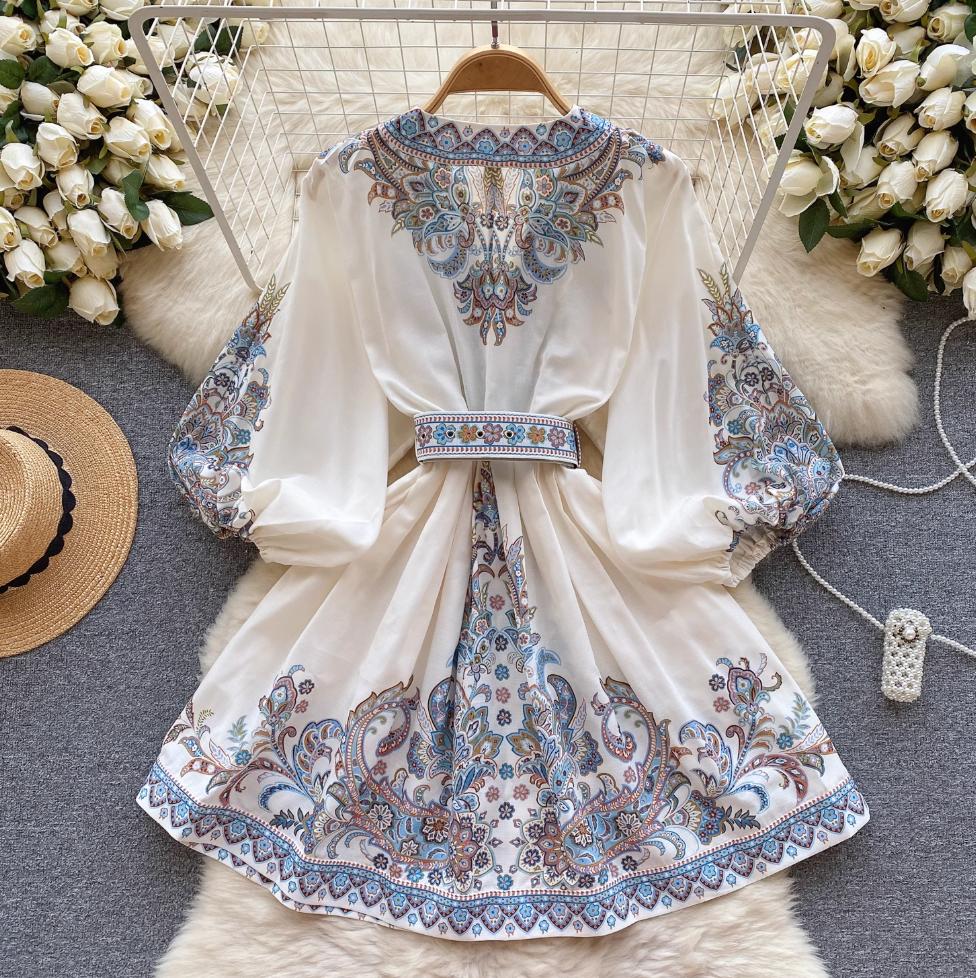 Courtly Puffy Sleeve Floral Printed Dress