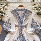 Courtly Puffy Sleeve Floral Printed Dress