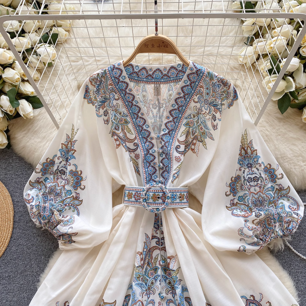 Courtly Puffy Sleeve Floral Printed Dress