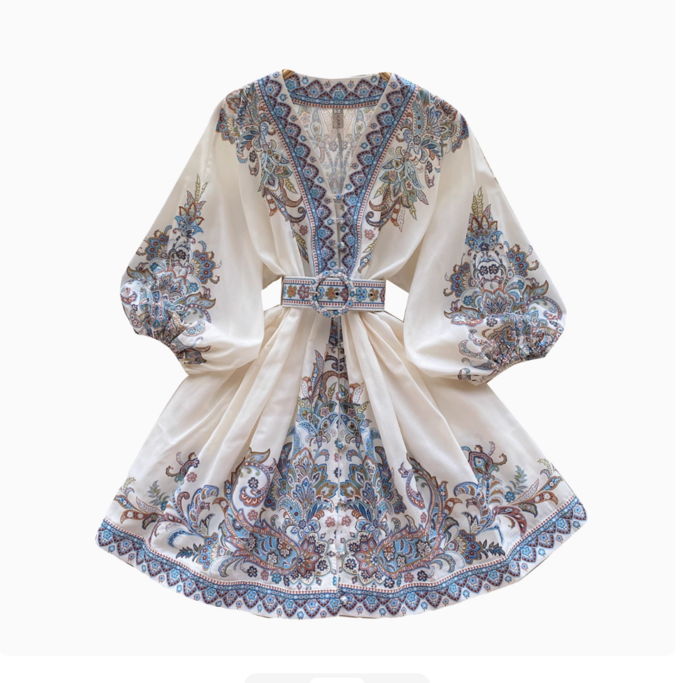 Courtly Puffy Sleeve Floral Printed Dress