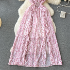 Backless Pink Floral Chiffon Dress