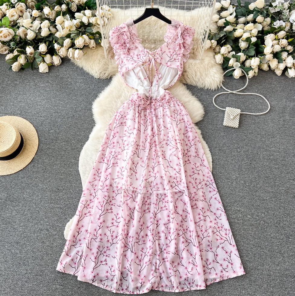 Backless Pink Floral Chiffon Dress