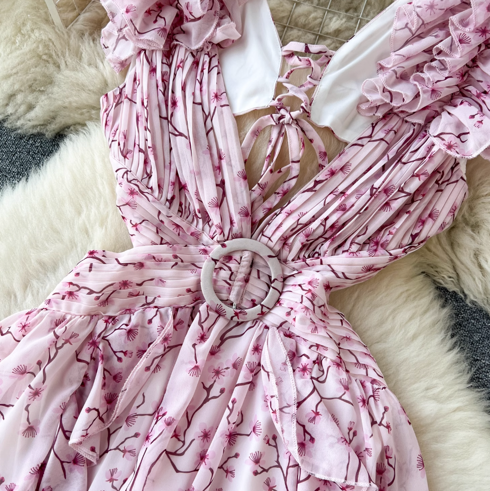 Backless Pink Floral Chiffon Dress