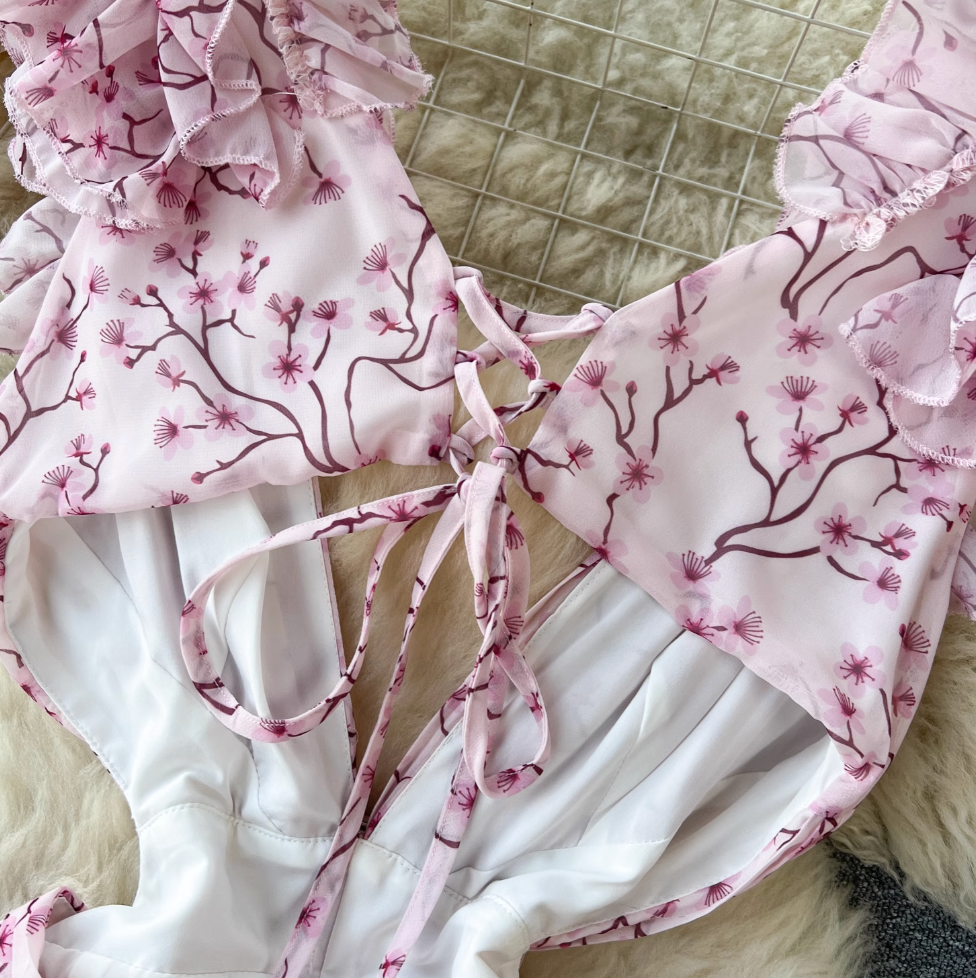 Backless Pink Floral Chiffon Dress