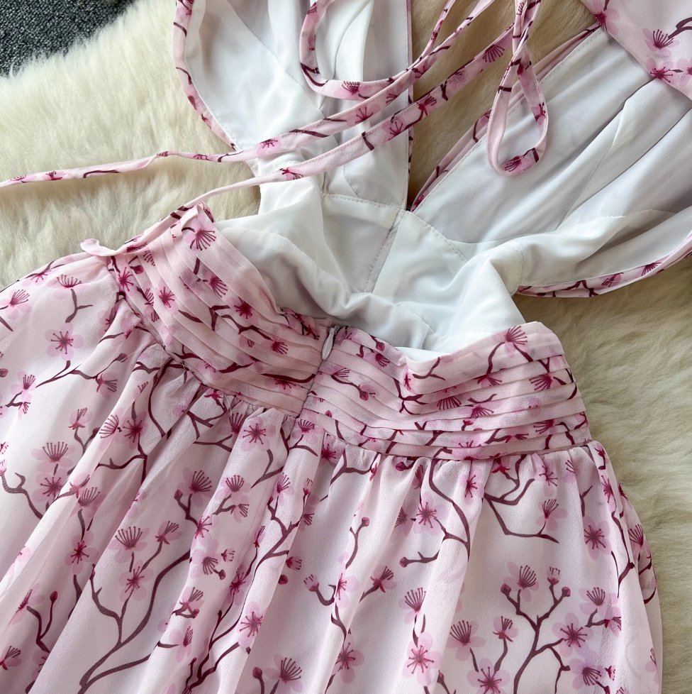 Backless Pink Floral Chiffon Dress