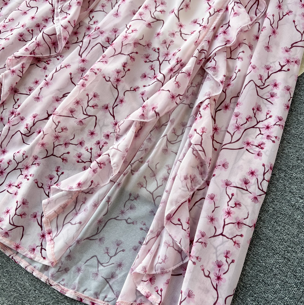 Backless Pink Floral Chiffon Dress
