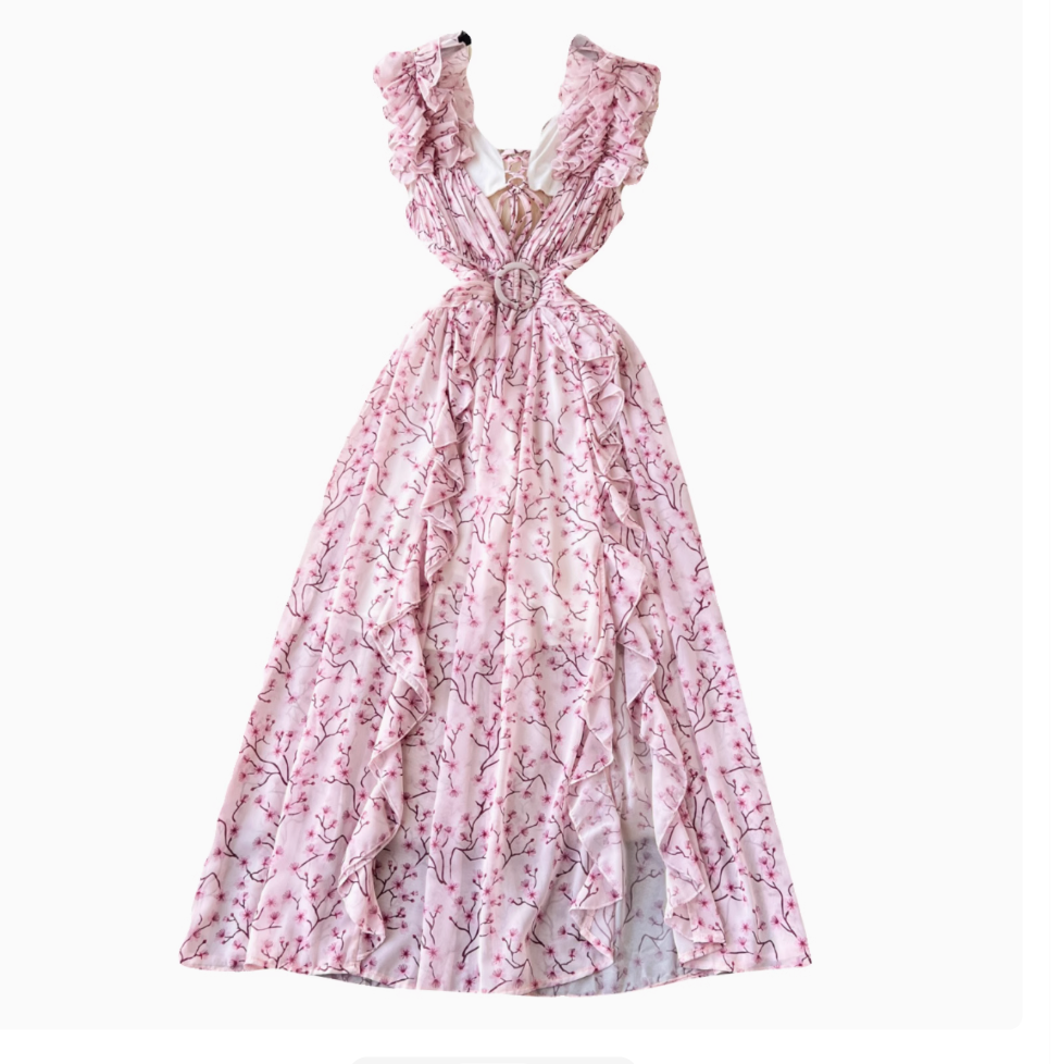 Backless Pink Floral Chiffon Dress