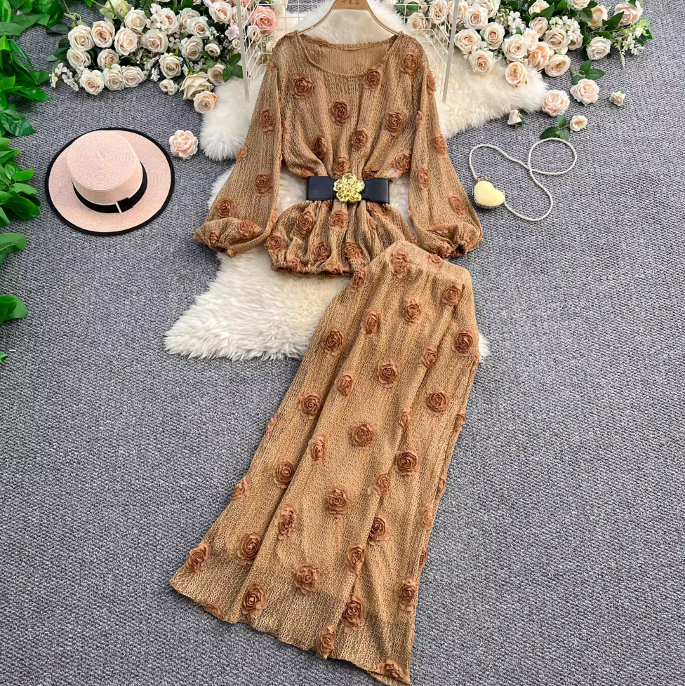 3D Floral Hollowed Knitwear & Skirt Sets