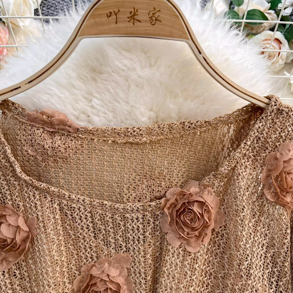 3D Floral Hollowed Knitwear & Skirt Sets