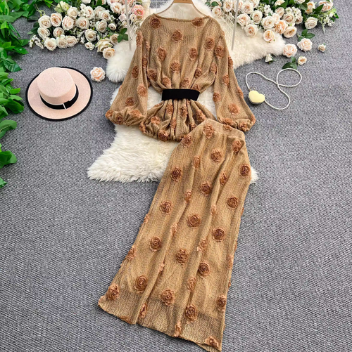 3D Floral Hollowed Knitwear & Skirt Sets