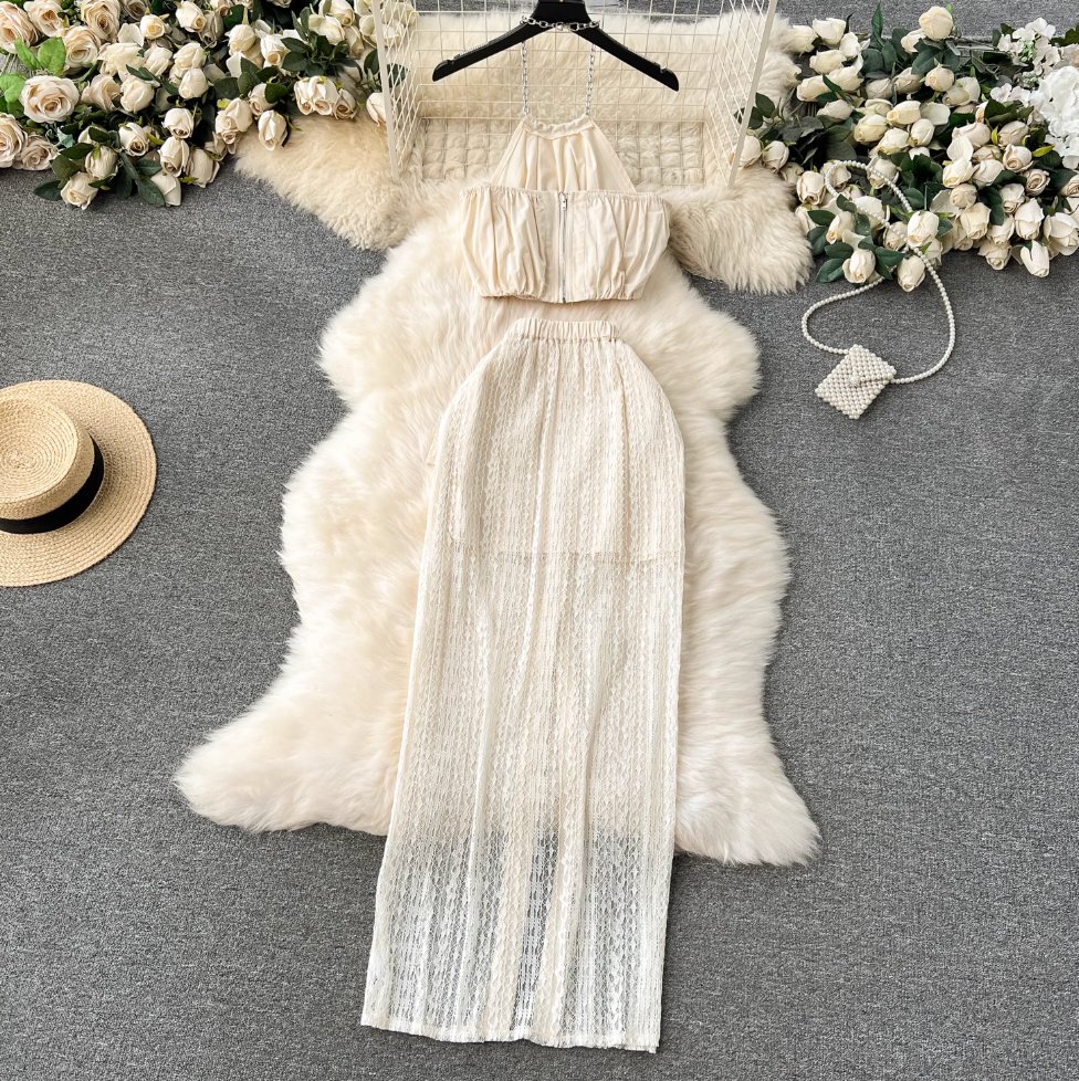 Pleated Halter Top & Lace Skirt 2Pcs