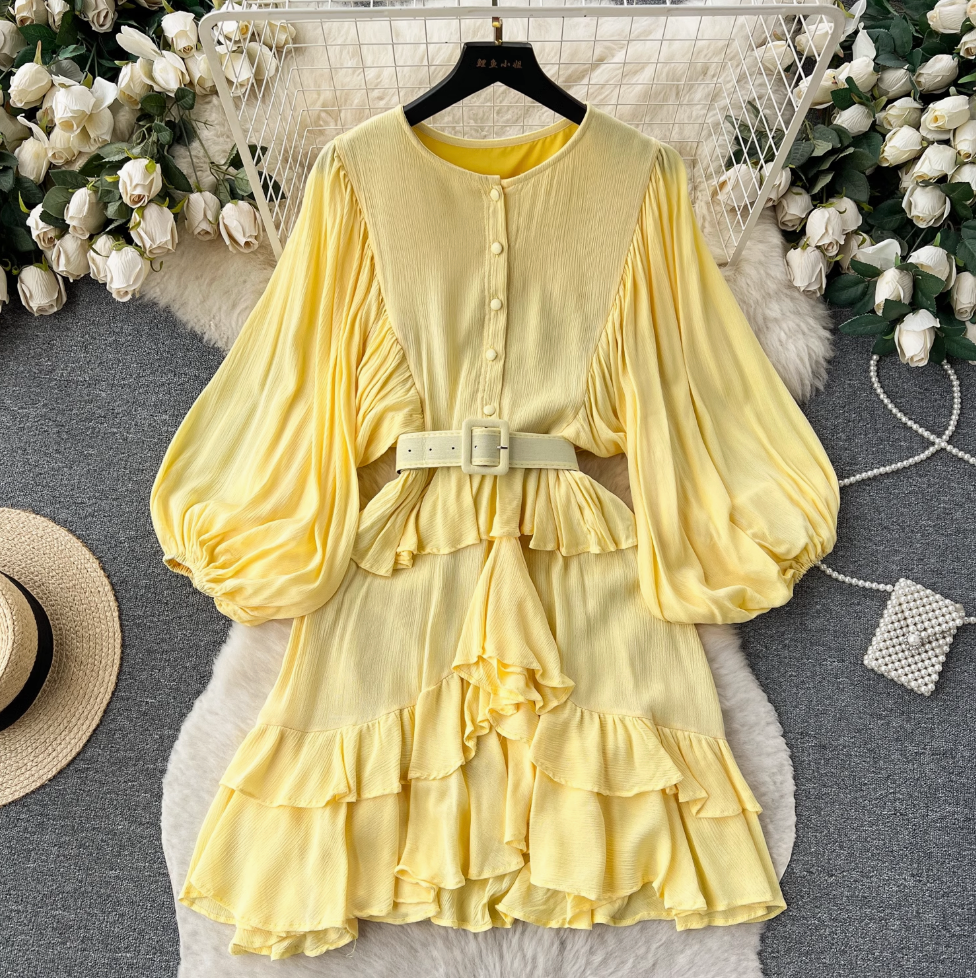 Vintage Puffy Sleeve Ruffled Shirt Dress