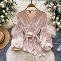 V-neck Knotted Lace-up Satin Shirt