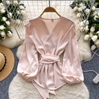 V-neck Knotted Lace-up Satin Shirt