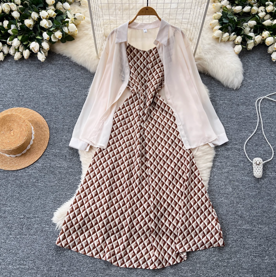 Chiffon Shirt & Plaid Slip Dress 2Pcs