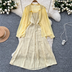 Chiffon Shirt & Plaid Slip Dress 2Pcs