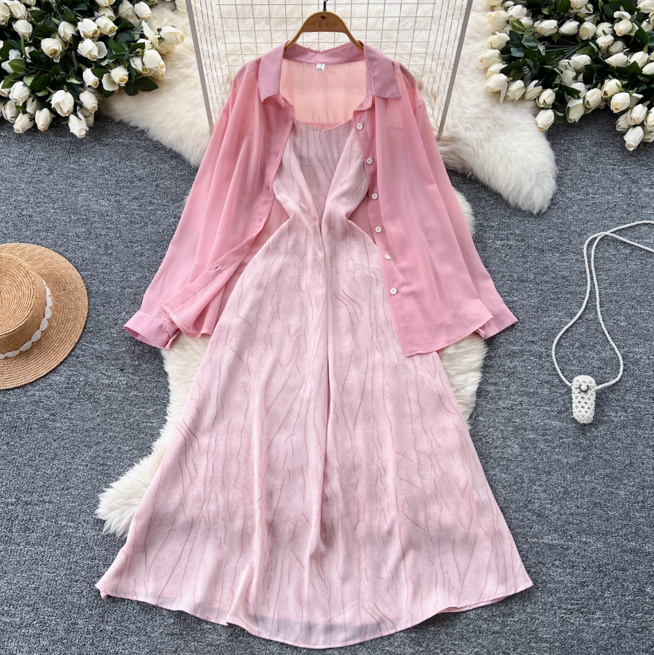 Chiffon Shirt & Plaid Slip Dress 2Pcs