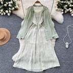 Chiffon Shirt & Plaid Slip Dress 2Pcs