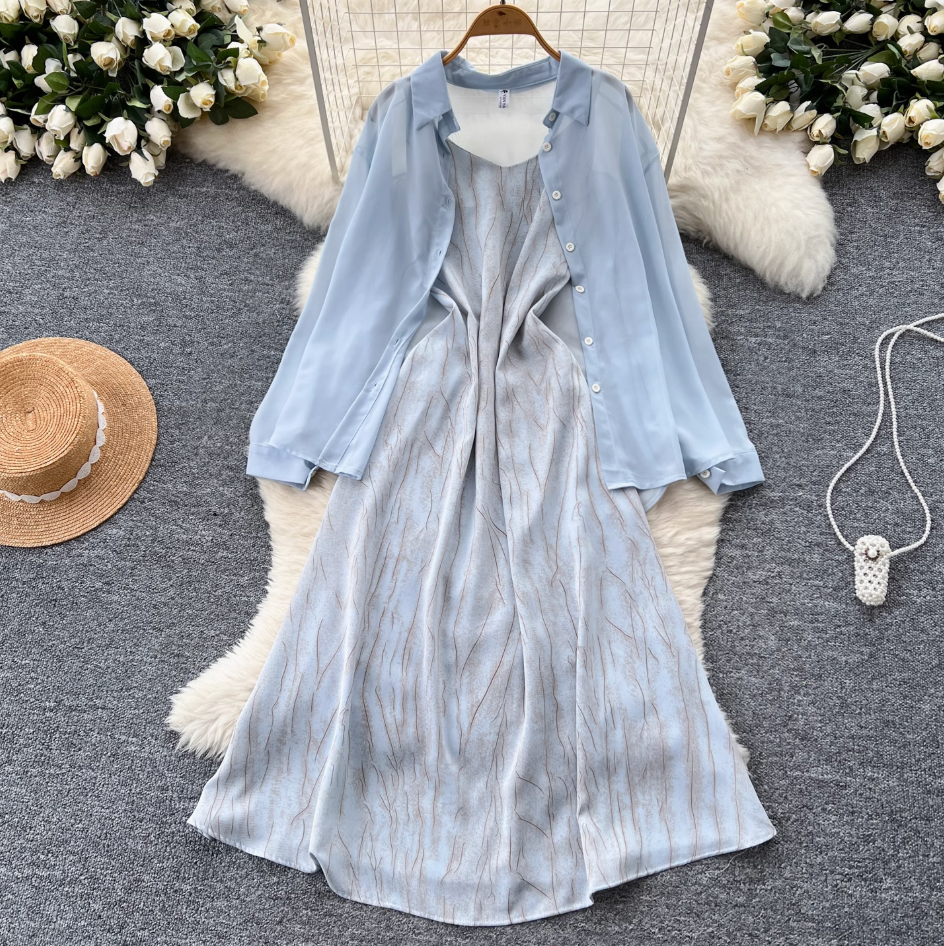 Chiffon Shirt & Plaid Slip Dress 2Pcs