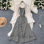 Chiffon Shirt & Plaid Slip Dress 2Pcs