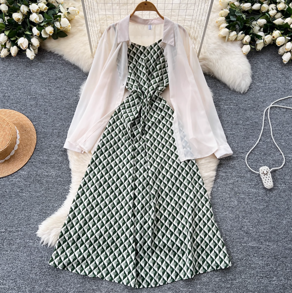 Chiffon Shirt & Plaid Slip Dress 2Pcs
