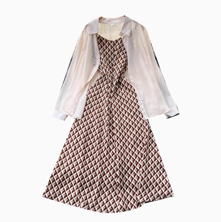 Chiffon Shirt & Plaid Slip Dress 2Pcs