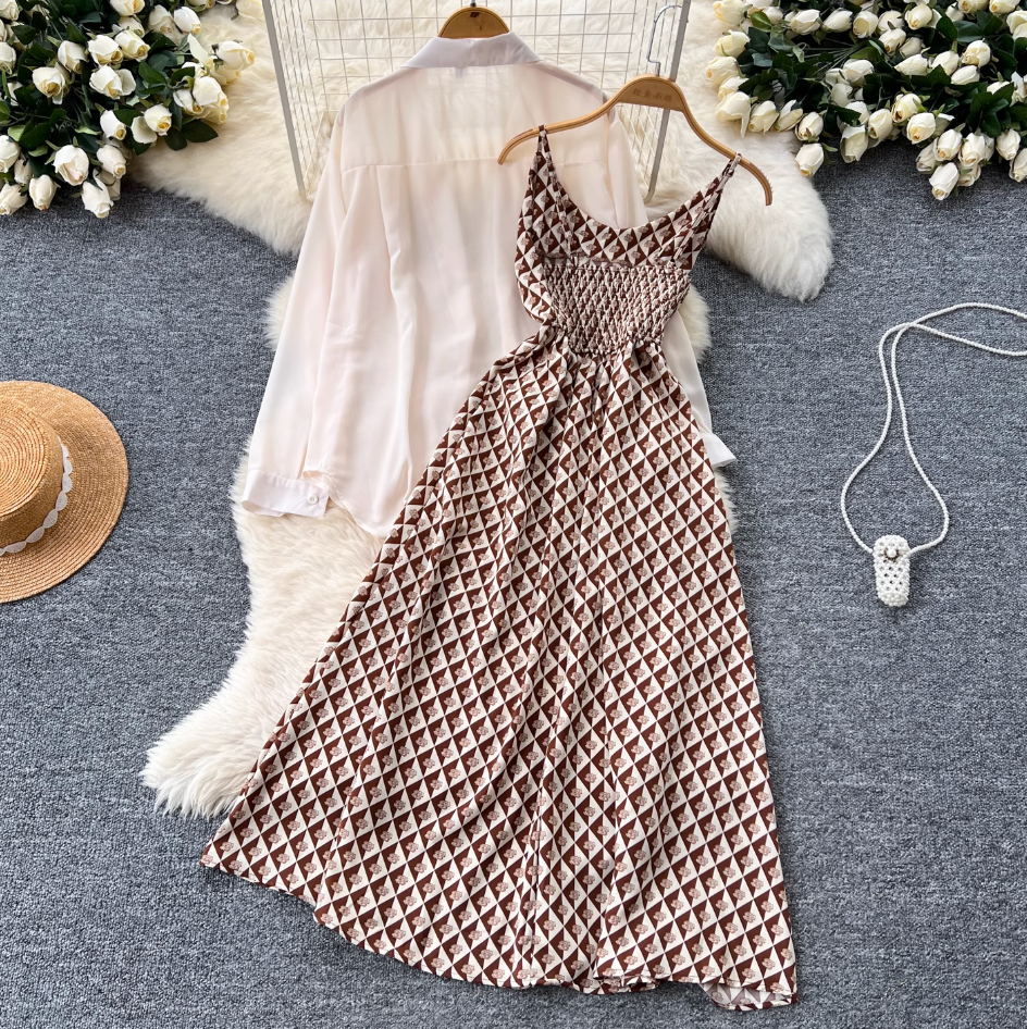Chiffon Shirt & Plaid Slip Dress 2Pcs