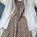 Chiffon Shirt & Plaid Slip Dress 2Pcs