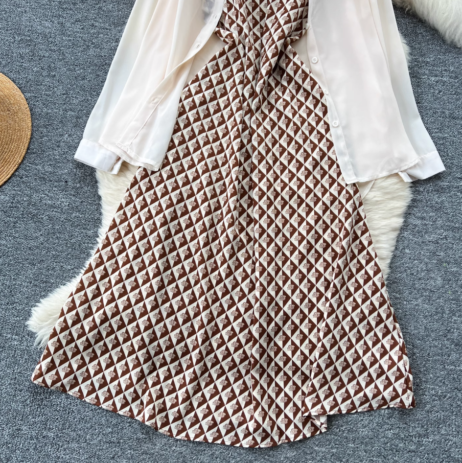 Chiffon Shirt & Plaid Slip Dress 2Pcs